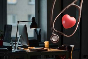 Scrivania vuota, stetoscopio e cuore