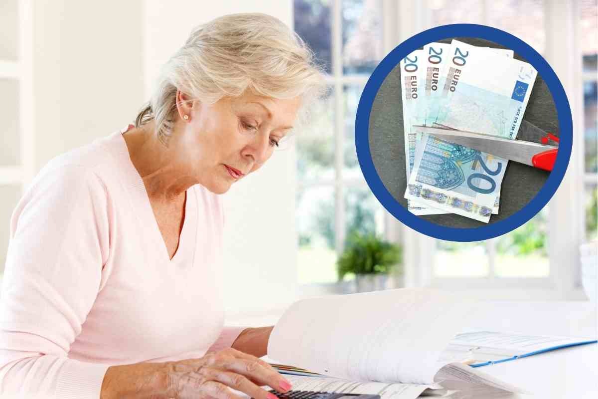 Donna con fogli e forbici che tagliano euro