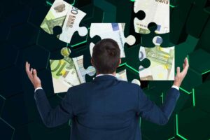 Soldi puzzle e uomo perplesso
