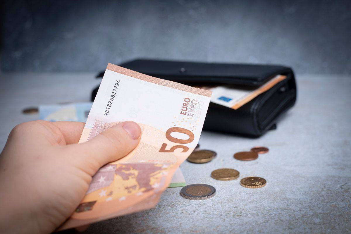 banconota da 50 euro, monete e portafoglio