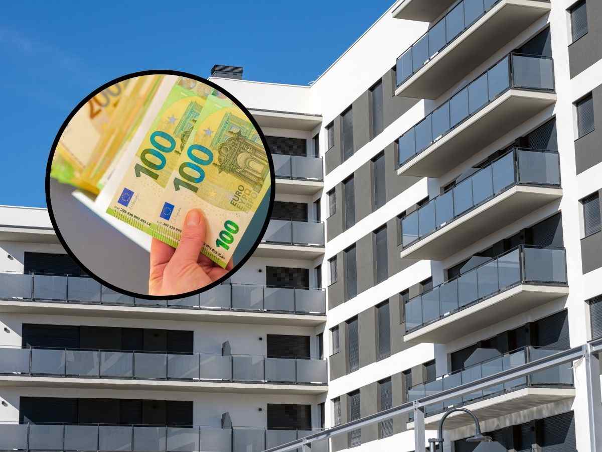 sfondo palazzo condominio e tondo con banconote 100 euro