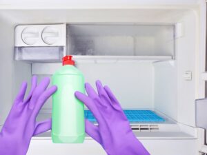 sfondo freezer e detersivo per piatti tra guanti di plastica