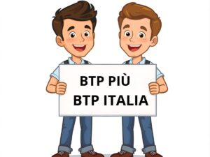 fumetto con due ragazzi che sorreggono un cartello con su scritto BTP PIÙ e BTP ITALIA