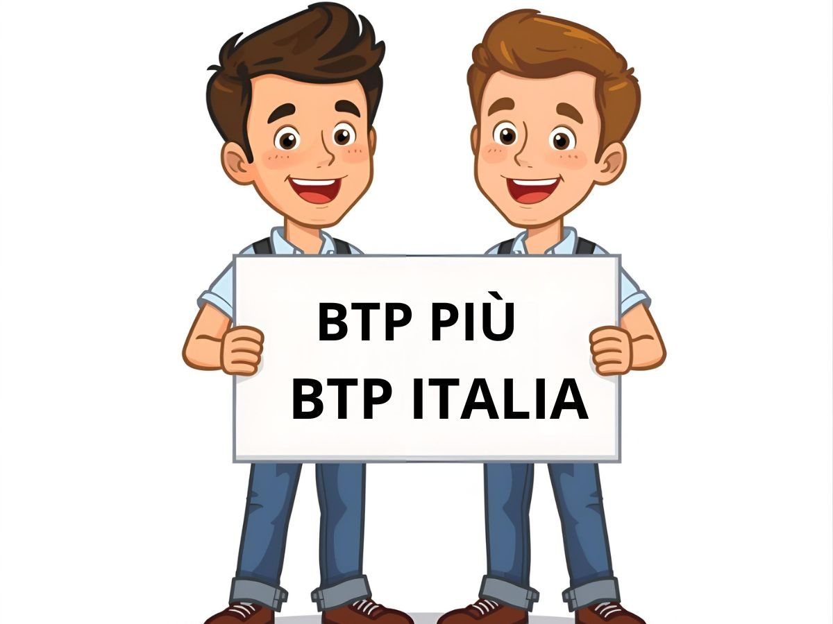 fumetto con due ragazzi che sorreggono un cartello con su scritto BTP PIÙ e BTP ITALIA