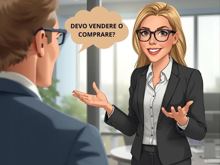 Un uomo che rivolge una domanda ad una donna bionda con occhiali