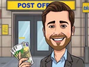 Uomo con soldi che esce dall'ufficio Postale