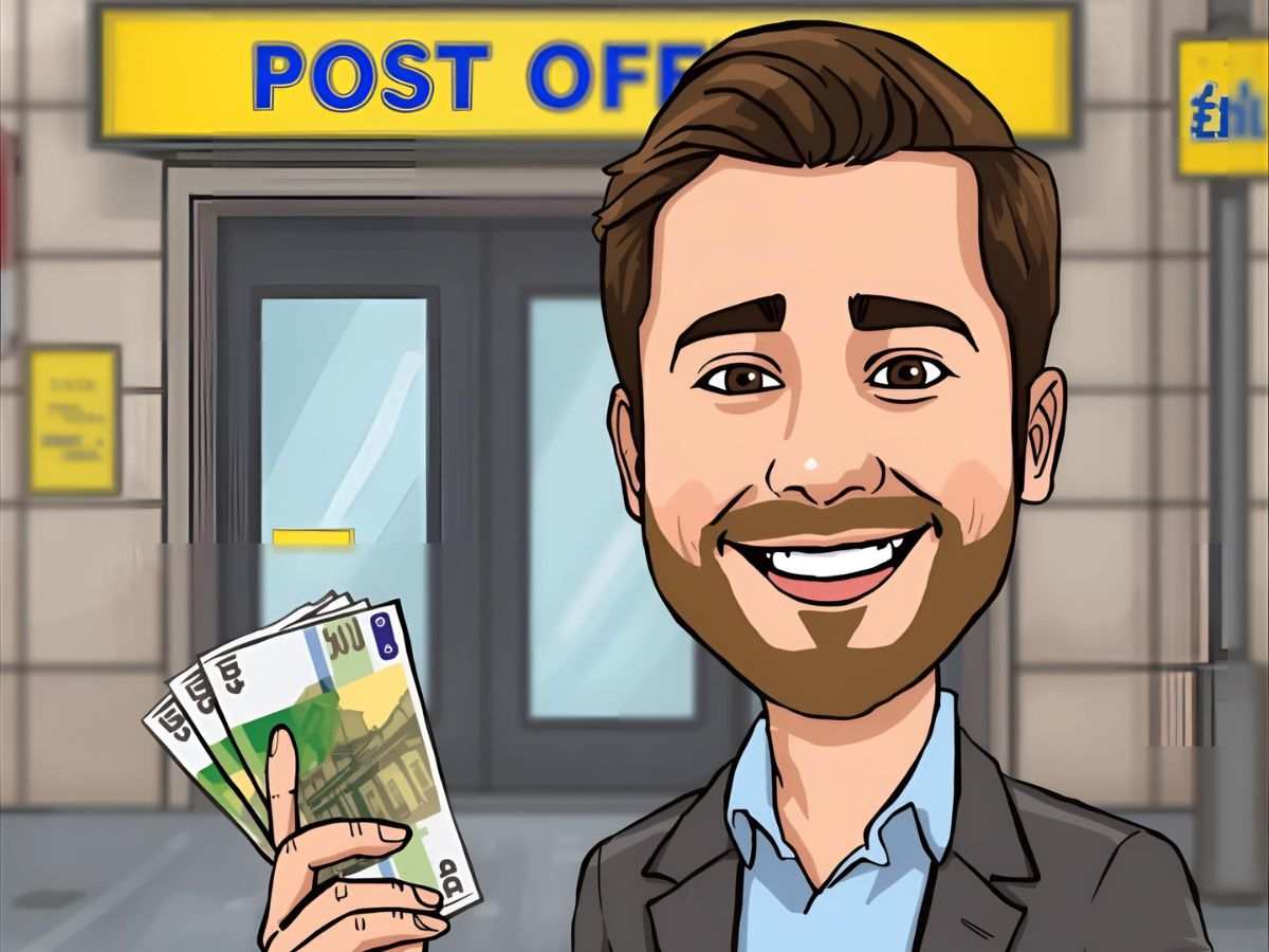 Uomo con soldi che esce dall'ufficio Postale