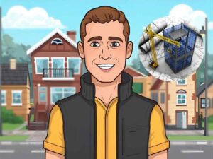 Uomo contento e sfondo case