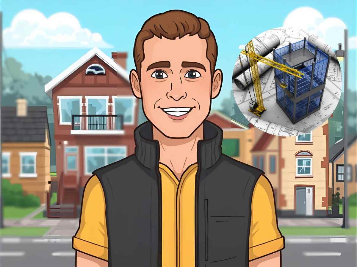 Uomo contento e sfondo case