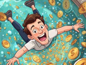 Uomo che naviga nelle monete d'oro